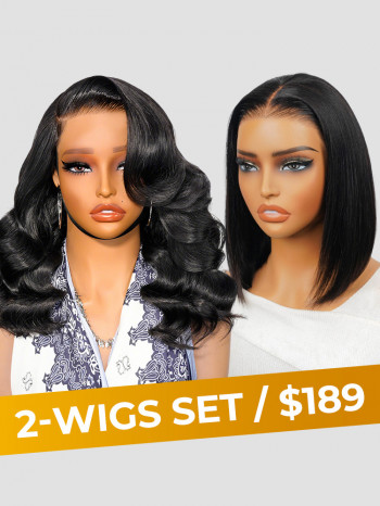 [Set Deal]$189= Layered Body Wave Drawstring Wig+Glueless Straight Bob