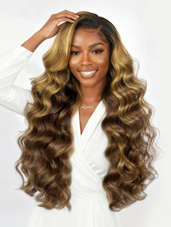 Brown Highlight Side Bang Body Wave 6x8 Lace Front Wig Glueless