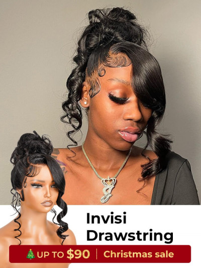 Glueless Invisi Drawstring 360 Lace Wig Miss Buns With Side Part Bangs Style