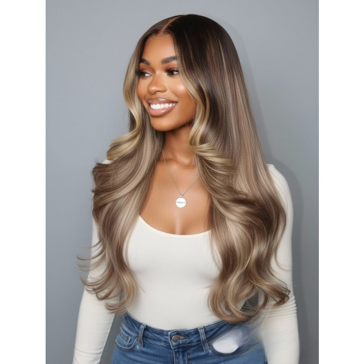 Brunette Blonde Highlights Loose Body 13x6 Lace Frontal Wig With Layers