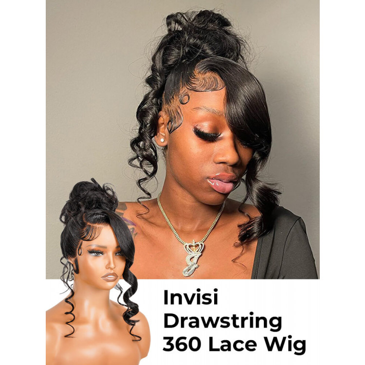 Glueless Invisi Drawstring 360 Lace Wig Miss Buns With Side Part Bangs Style