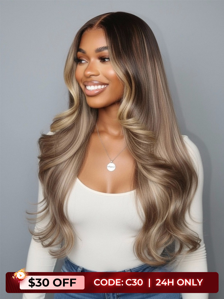 ($30 Off | Only 24 H) Brunette Blonde Highlights Loose Body 13x6 Lace Frontal Wig With Layers
