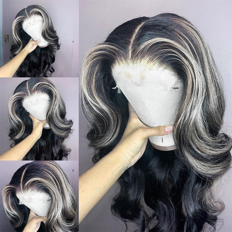 grey highlights on black hair wigs