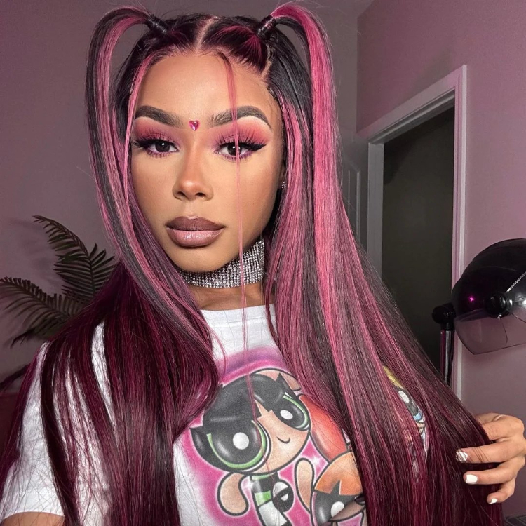 black hair with pink streaks in front