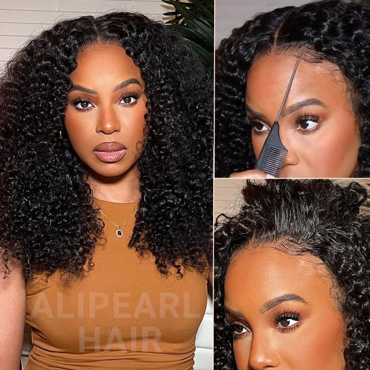 Wear & Go Wigs-Black Curly Hair Wigs Short Kinky Curly Lace Closure Wigs With Pre-bleached Knots