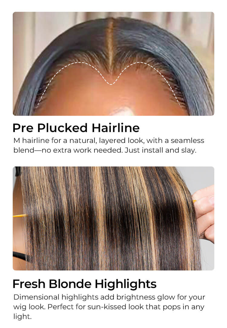 pre plucked hairline and sleek straight wig with highlights