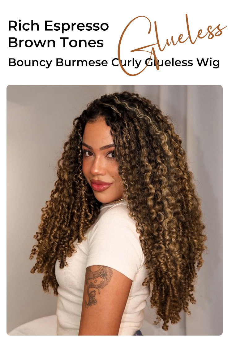 250 density brown highlight burmese curly glueless wig