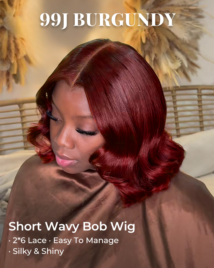 99j burgundy short wavy bob lace closure wig
