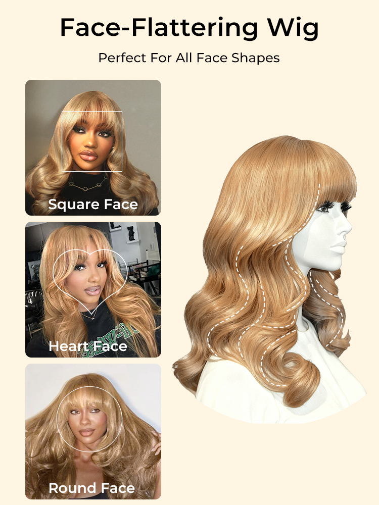 Glueless Curtain Bang Curly Blonde Wig