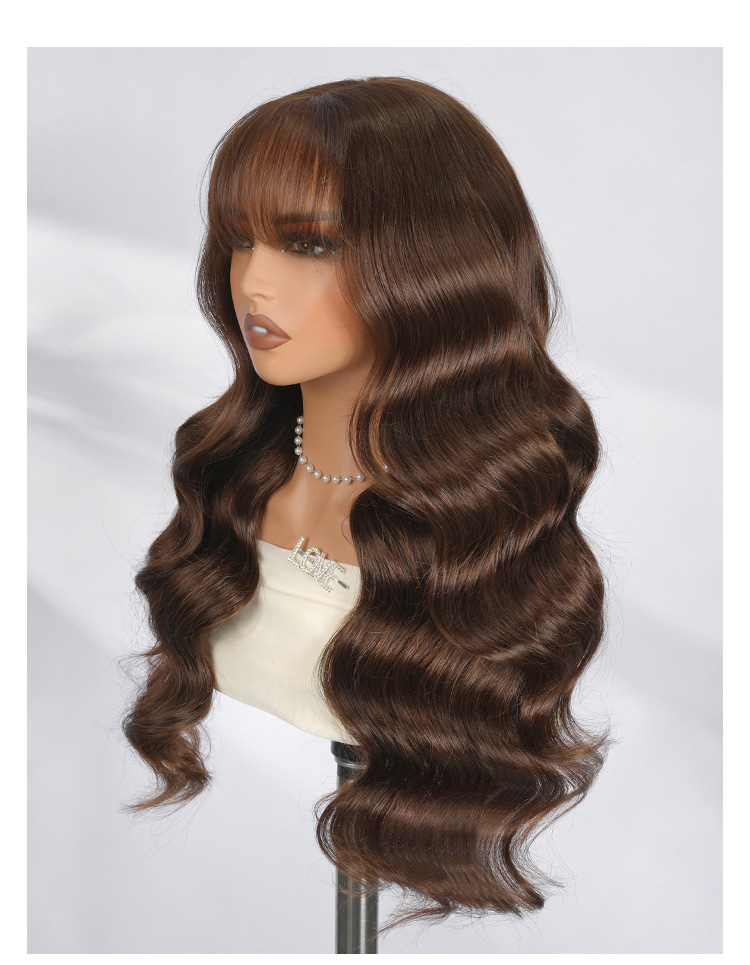 dark brown loose body wave wig with bangs