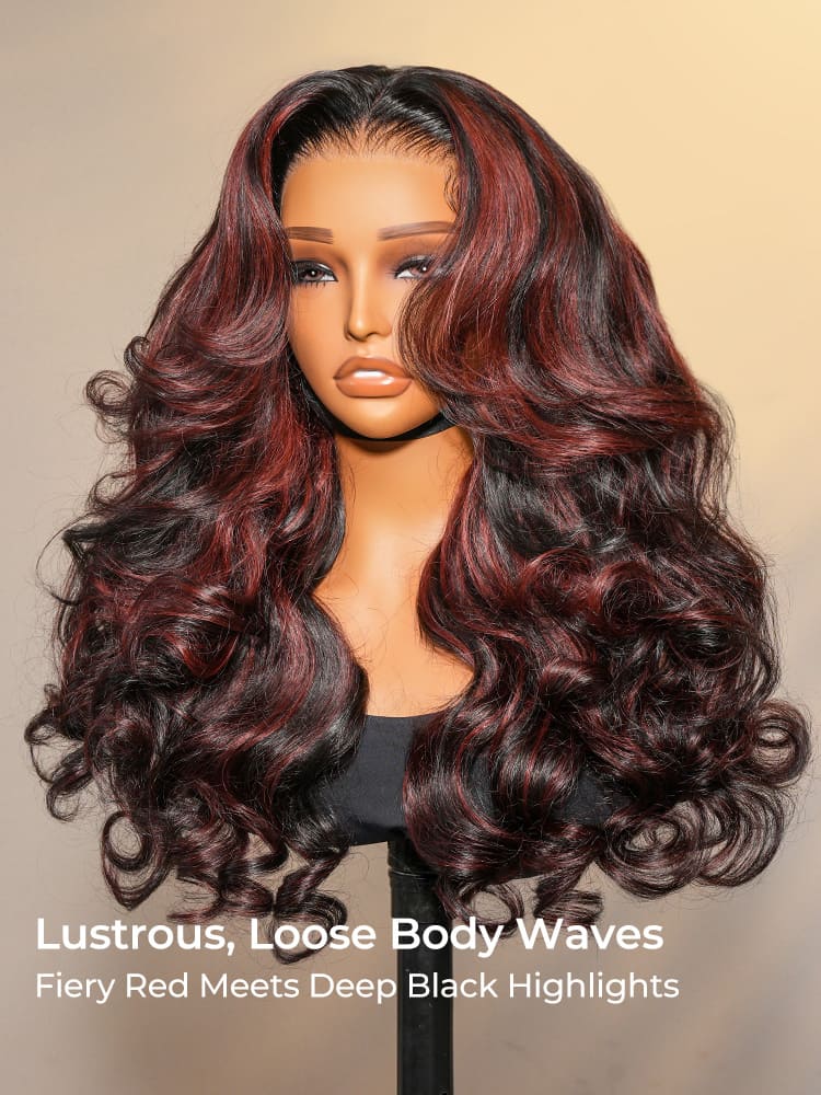 burgundy highlight bouncy body wave lace frontal wig