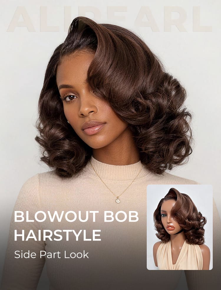 dark brown body wave bob wig side part look