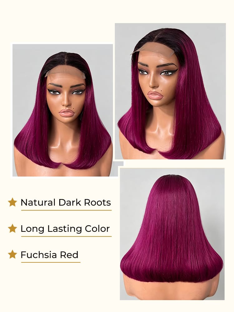 Fuchsia red color hair with black roots