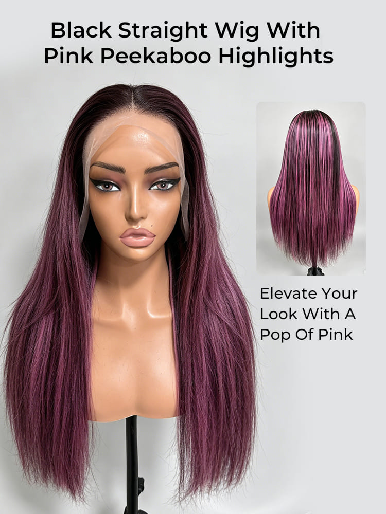 Straight wigs with pink highlights