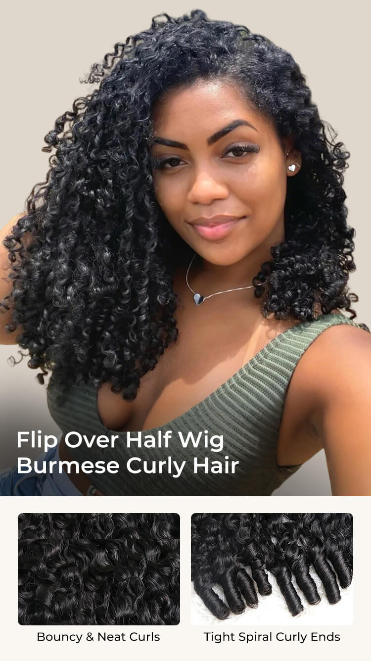 250 high density Burmese curly half wig