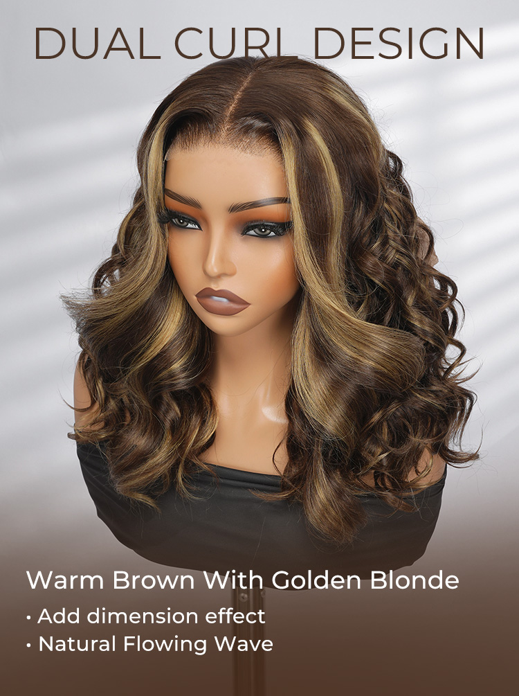 dual curl design brown and blonde highlighted lace front wig