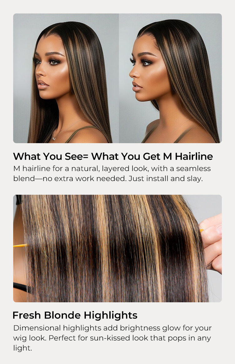 pre plucked hairline and sleek straight wig with highlights